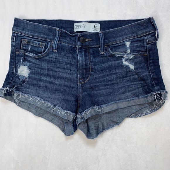 Abercrombie & Fitch Low Rise Distressed Denim Jean Shorts Sz 6 Dark Wash Cutoff - Picture 1 of 7